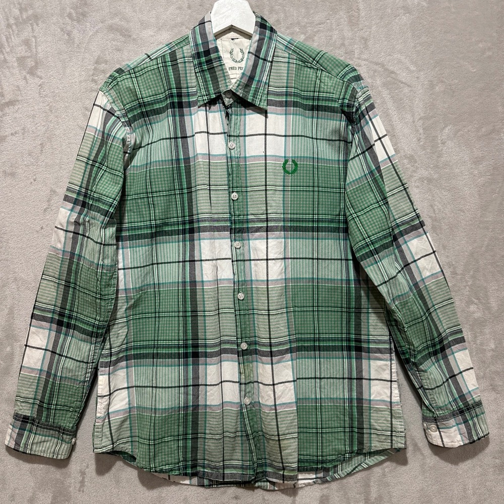 Fred Perry Mens Green Plaid Button Down Shirt Long Sleeve Cotton Casual M
